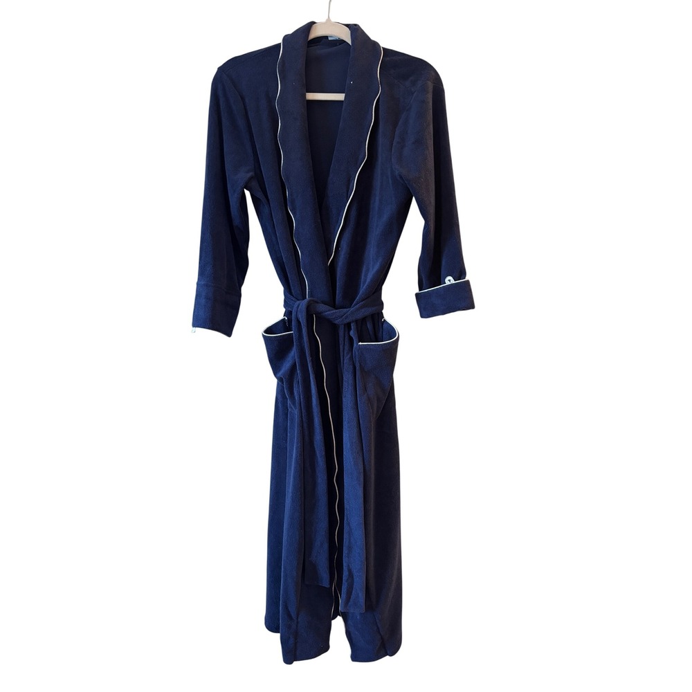 Weezie Long Scallop Lightweight Robe Navy Blue Terry Cloth White Piping Trim XS
